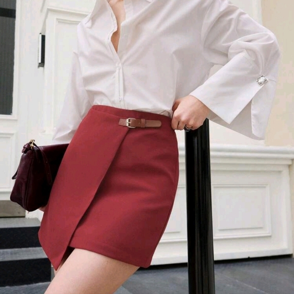 Women Red Wrap Around Skirt, Suitable For Date Night In Spring And Summer - Picture 4 of 4
